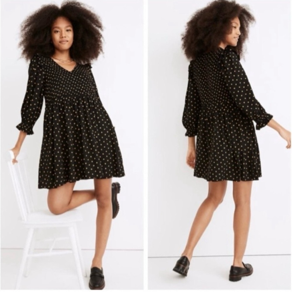 Madewell Lucie V-Neck Babydoll Smocked Mini Dress in Oval Dot Polka Dot Black M